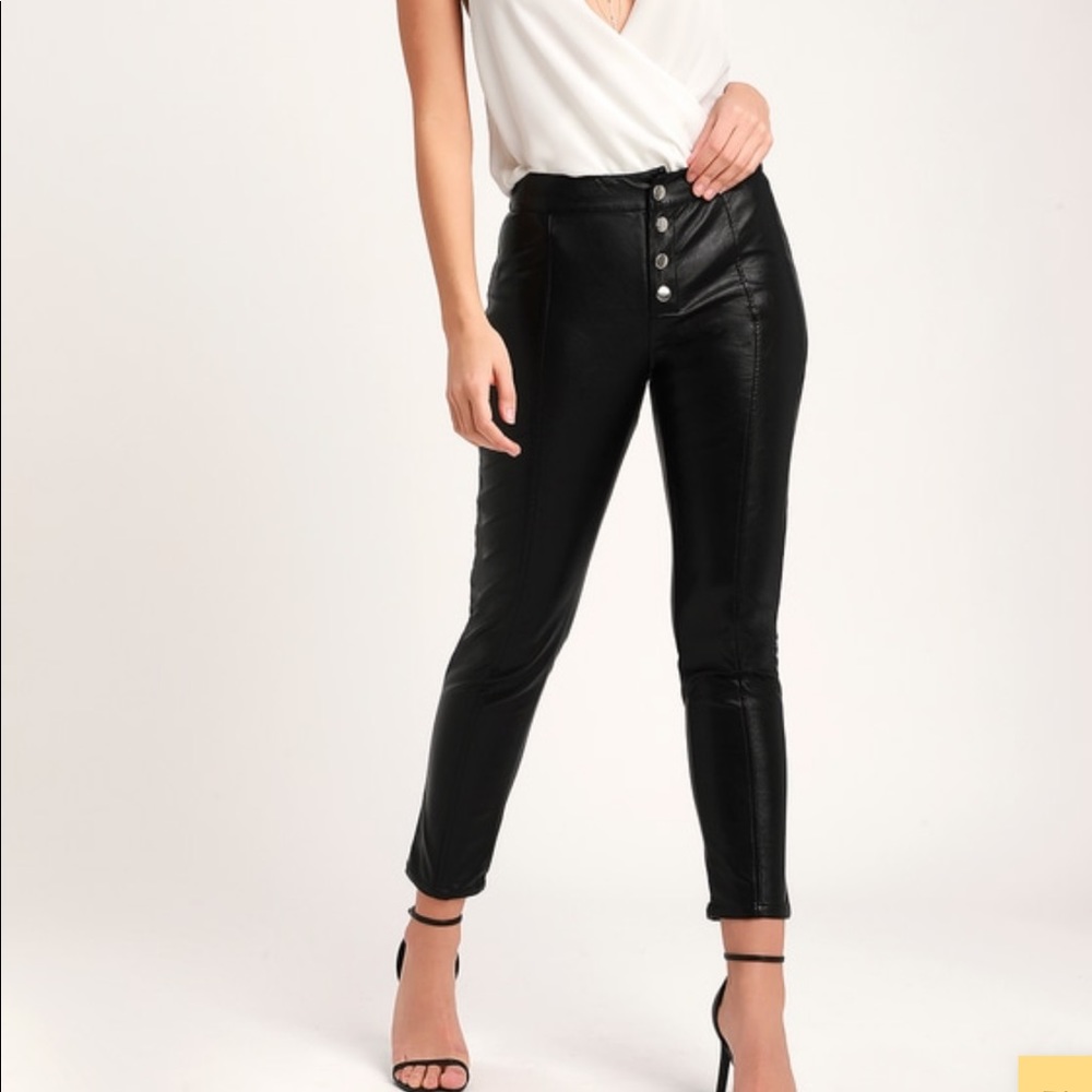 Turned Up Black Vegan Leather High-Waisted Pants